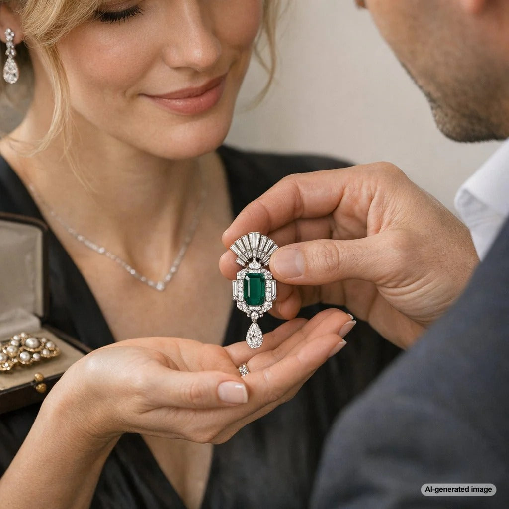 Before and after transformation of a vintage ruby and diamond brooch into a stunning modern pendant necklace by Robinson's Jewelers