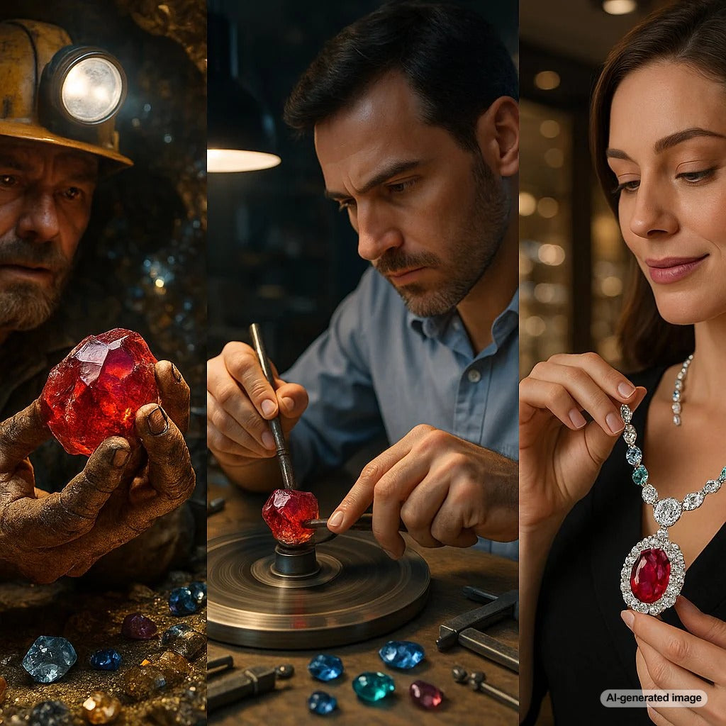 The journey of a rough gemstone being transformed into a beautiful finished piece of jewelry at Robinson's Jewelers