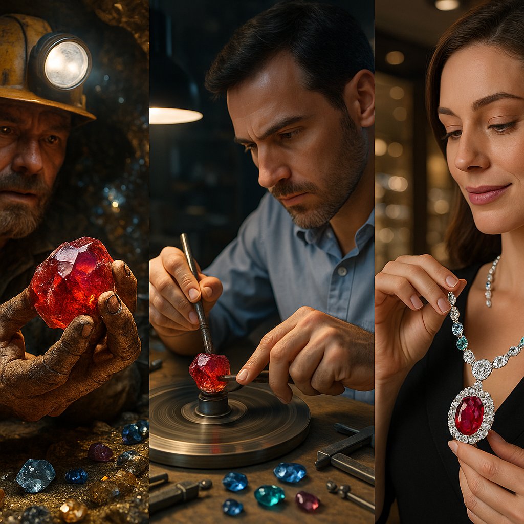 The journey of a rough gemstone being transformed into a beautiful finished piece of jewelry at Robinson's Jewelers