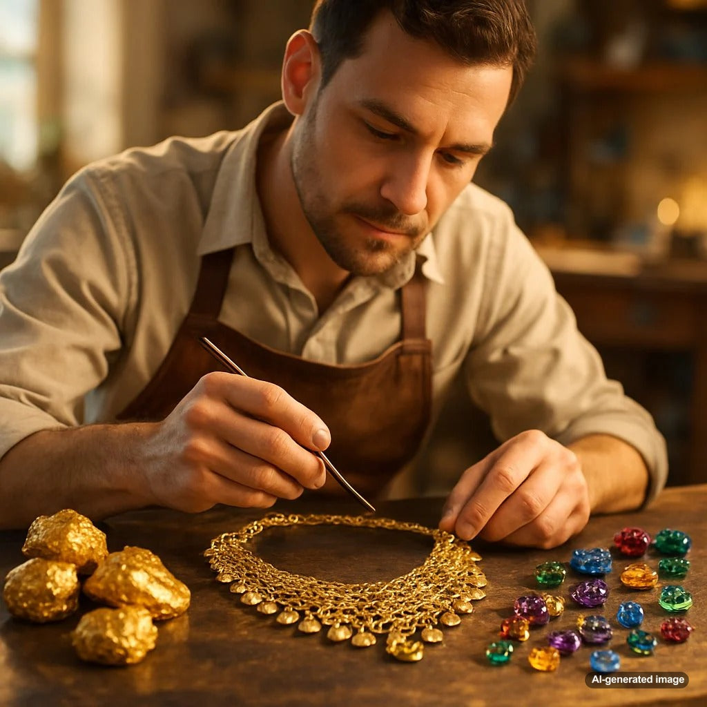 Close-up image showing the intricate craftsmanship of a polished gold jewelry piece in a workshop setting