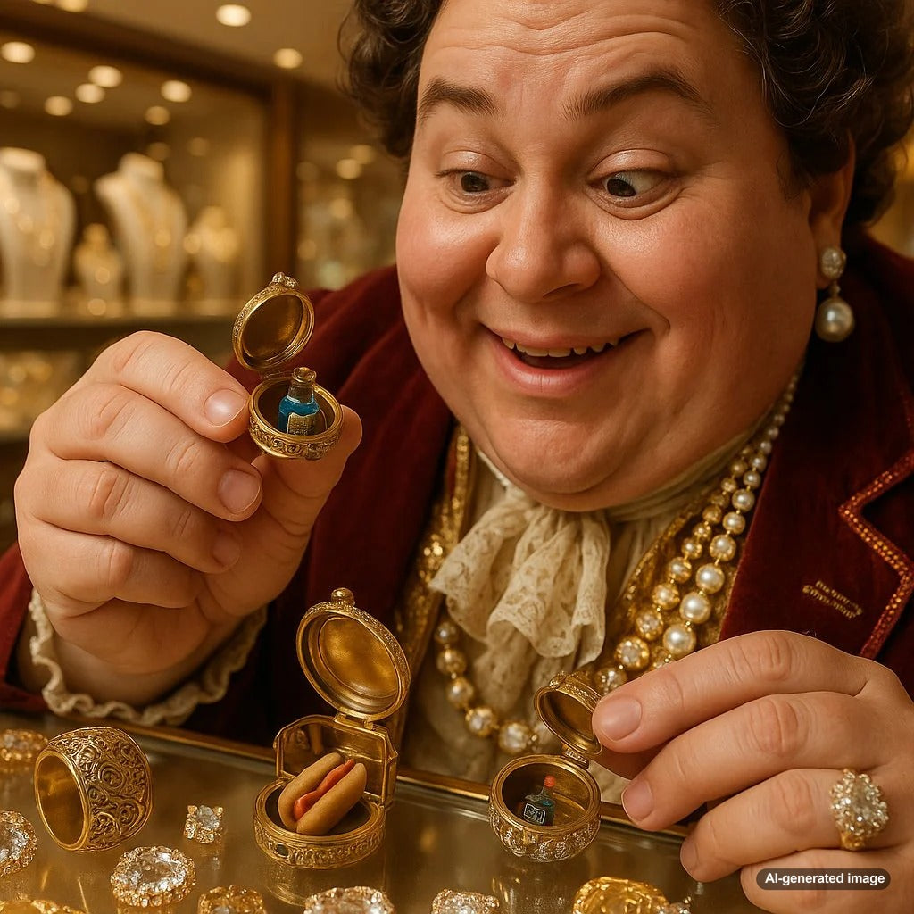 A collection of antique and modern secret compartment jewelry including poison rings and lockets on display