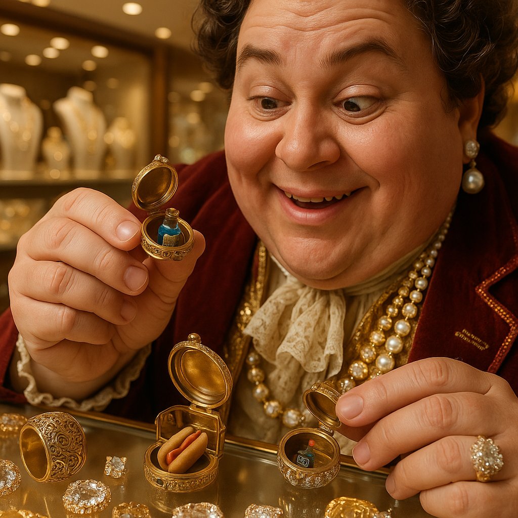 A collection of antique and modern secret compartment jewelry including poison rings and lockets on display