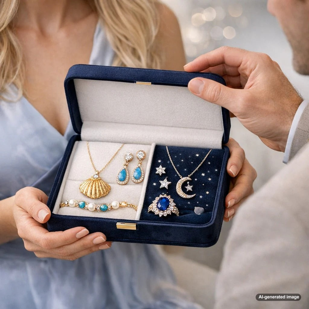 A stunning collage of ocean and celestial themed jewelry from Robinson's Jewelers featuring starfish pendants, moonstone rings, and aquamarine earrings against a backdrop of waves and stars.
