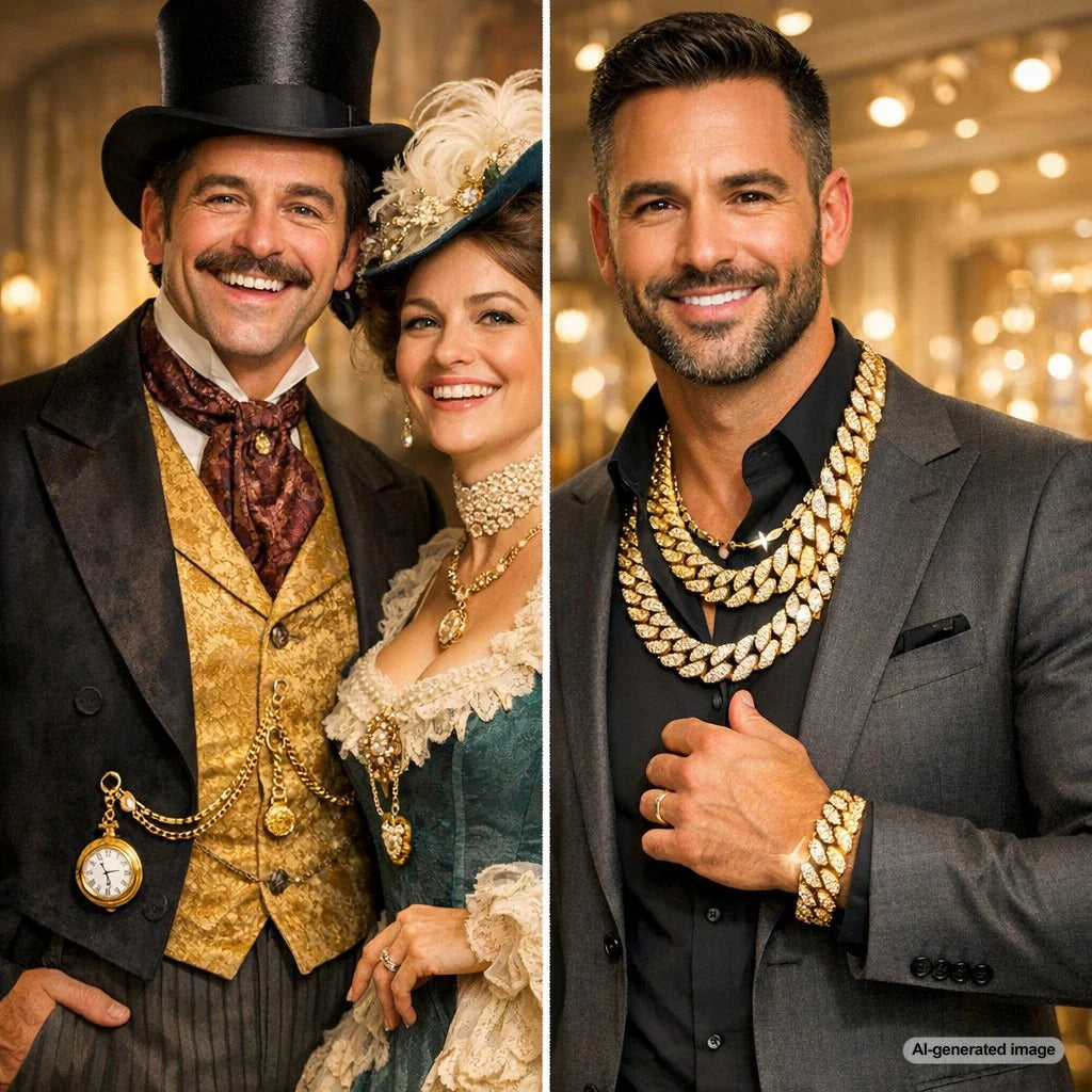 A collection of bold chains from Victorian watch chains to modern Cuban links and paperclip chains, showcasing the evolution of statement jewelry.