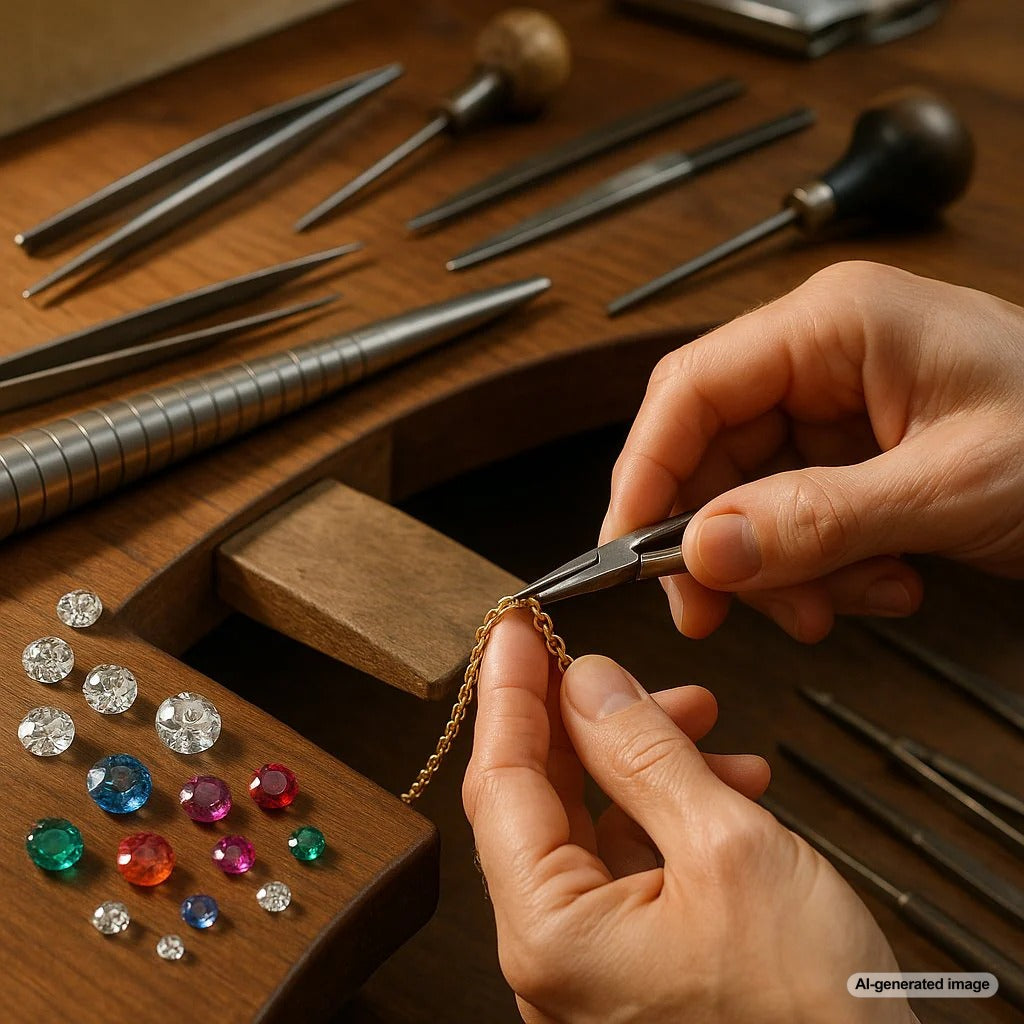 Close-up shot of a master jeweler's hands crafting a delicate gold chain, showing the intricate links and tools of the trade.