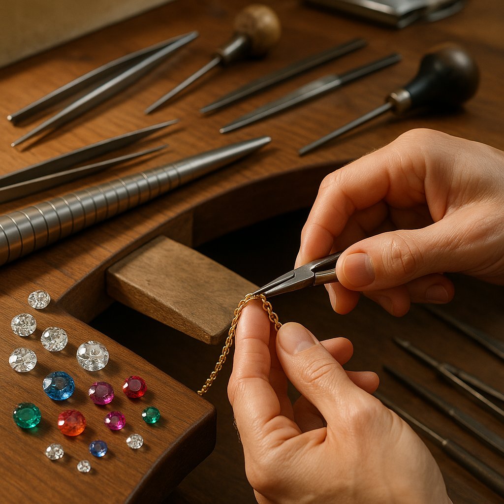 Close-up shot of a master jeweler's hands crafting a delicate gold chain, showing the intricate links and tools of the trade.