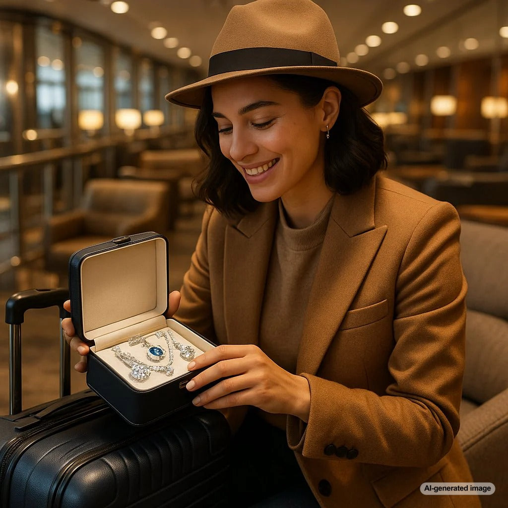 A luxurious travel jewelry case open to reveal sparkling rings, necklaces, and earrings arranged neatly on soft padding, ready for a trip.