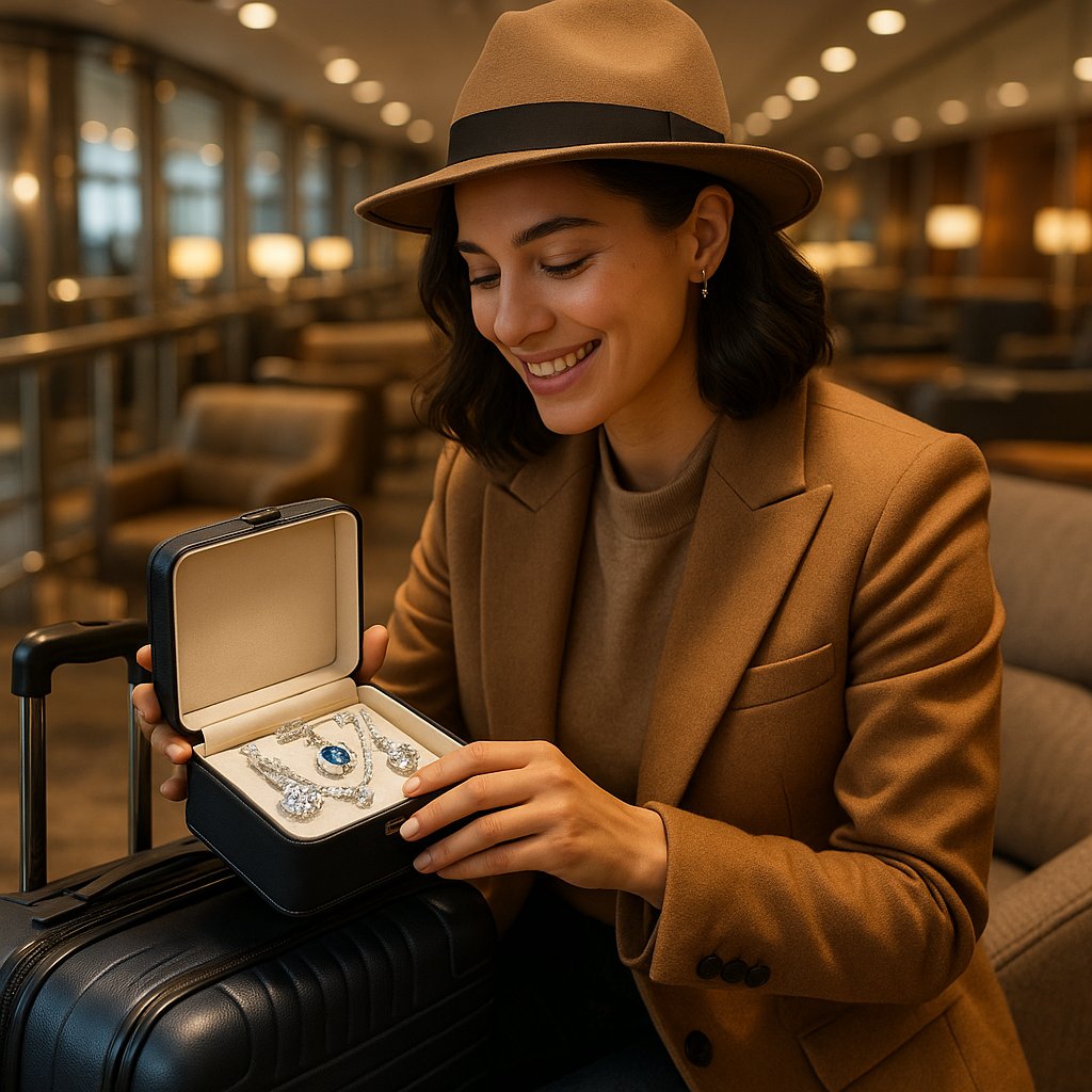 A luxurious travel jewelry case open to reveal sparkling rings, necklaces, and earrings arranged neatly on soft padding, ready for a trip.