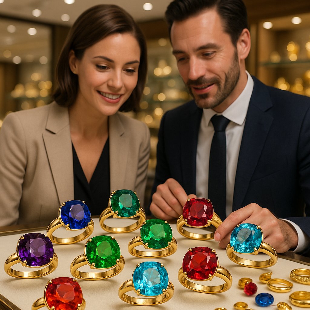 A stunning collection of colorful gemstone engagement rings including sapphire, ruby, and morganite set in various gold and platinum bands