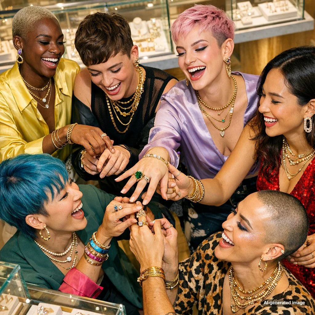 A collection of gender-fluid jewelry including a modern signet ring, a paperclip chain necklace, and a sleek cuff bracelet displayed together, showcasing inclusive design.