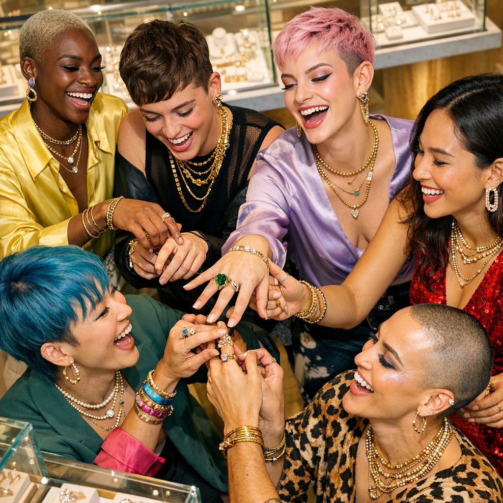 A collection of gender-fluid jewelry including a modern signet ring, a paperclip chain necklace, and a sleek cuff bracelet displayed together, showcasing inclusive design.