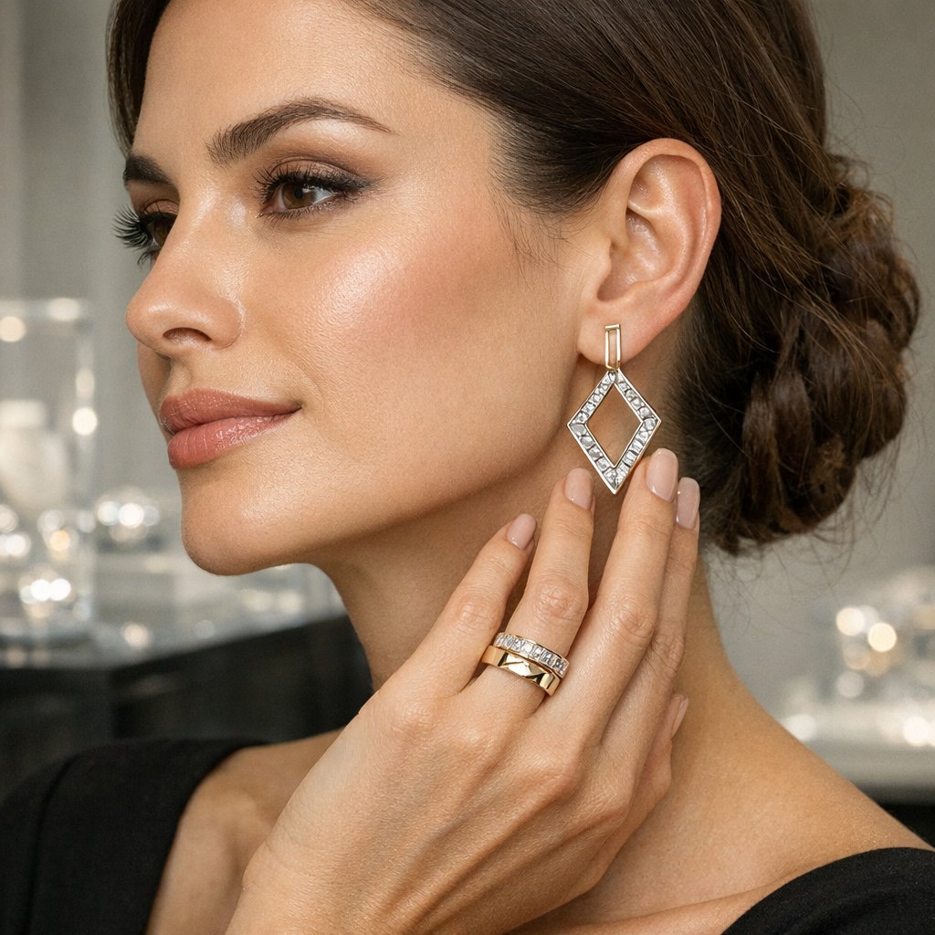 A stunning collection of geometric jewelry featuring sharp lines, angular diamond rings, and structured earrings from Robinson's Jewelers.