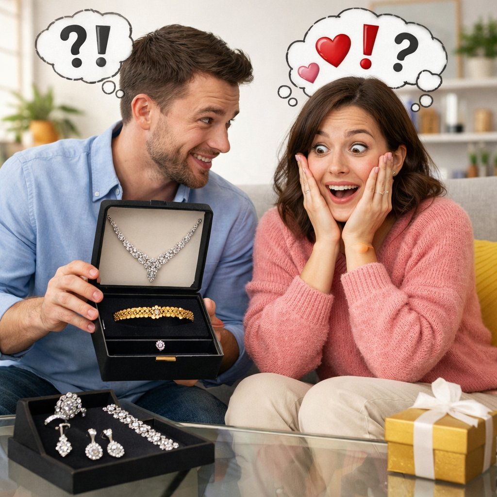 A woman's hands elegantly holding a small, wrapped gift box with a red ribbon, symbolizing the perfect moment to give fine jewelry in a relationship.