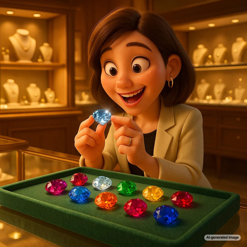 Beautiful collection of monthly birthstone jewelry pieces including rings, necklaces and earrings arranged elegantly