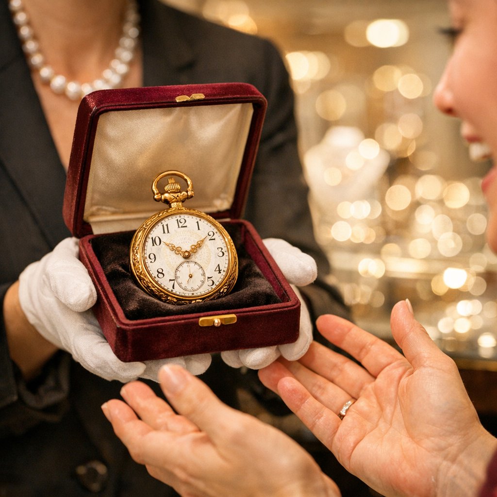 A beautifully restored antique gold pocket watch with intricate engraving, open to show its elegant white dial and Roman numerals, resting on a dark velvet cloth.