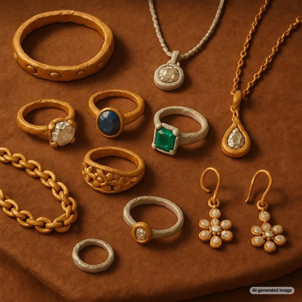 Close-up of various jewelry pieces showcasing different settings, cuts, and metals with a glossary overlay