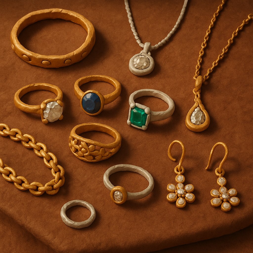Close-up of various jewelry pieces showcasing different settings, cuts, and metals with a glossary overlay
