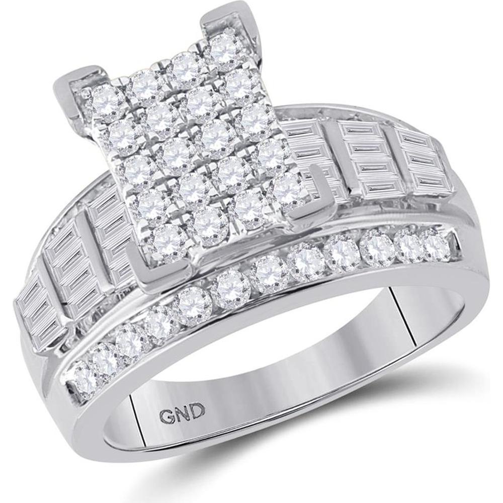 GND 10K White Gold Round and Baguette Diamond Cluster Engagement Ring - 1.5 Carat Total Weight