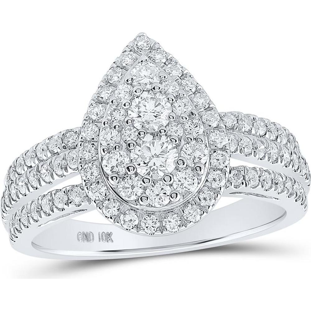GND 10K White Gold Teardrop Ring with Prong-Set Round Diamonds - 1.04 Carat Total Diamond Weight