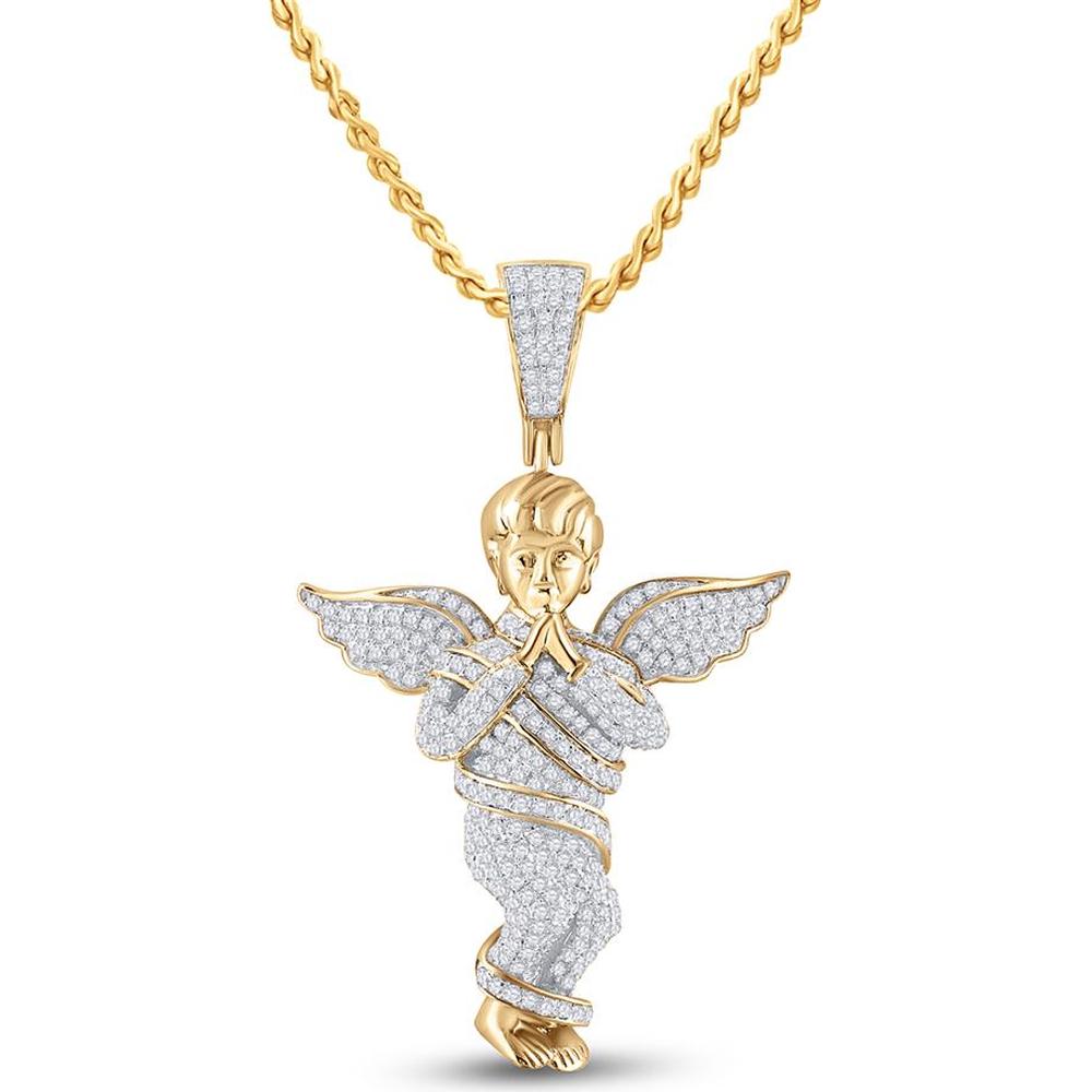 10K Yellow Gold Praying Angel Pendant with Pave-Set Round Diamonds - 0.86 Carat Total Diamond Weight