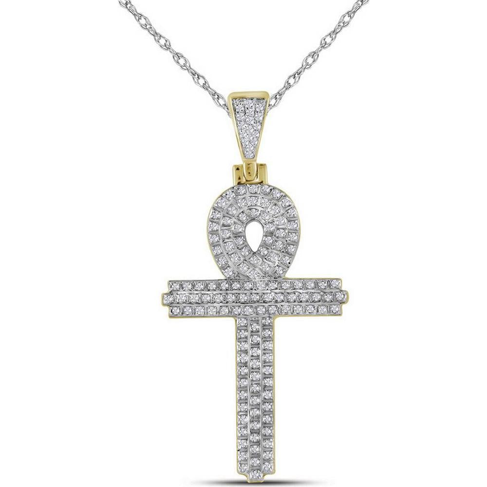 10k Yellow Gold Ankh Cross Pendant with Prong-Set Round Diamonds