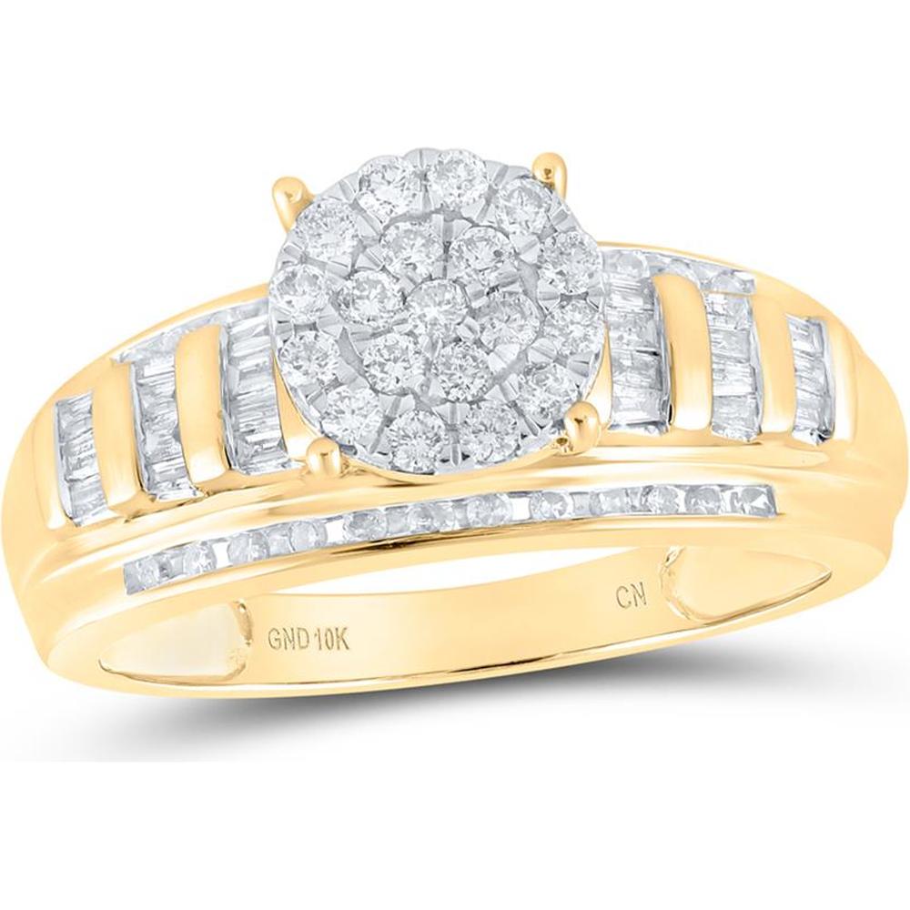 GND 10K yellow gold engagement ring with pave diamond cluster and channel-set baguettes