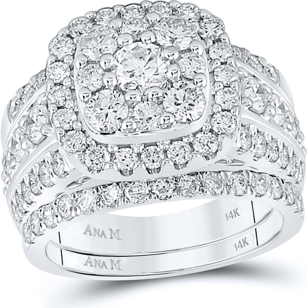 GND 14K White Gold Diamond Cluster Bridal Wedding Ring Set with 3.00 Carat Total Diamond Weight