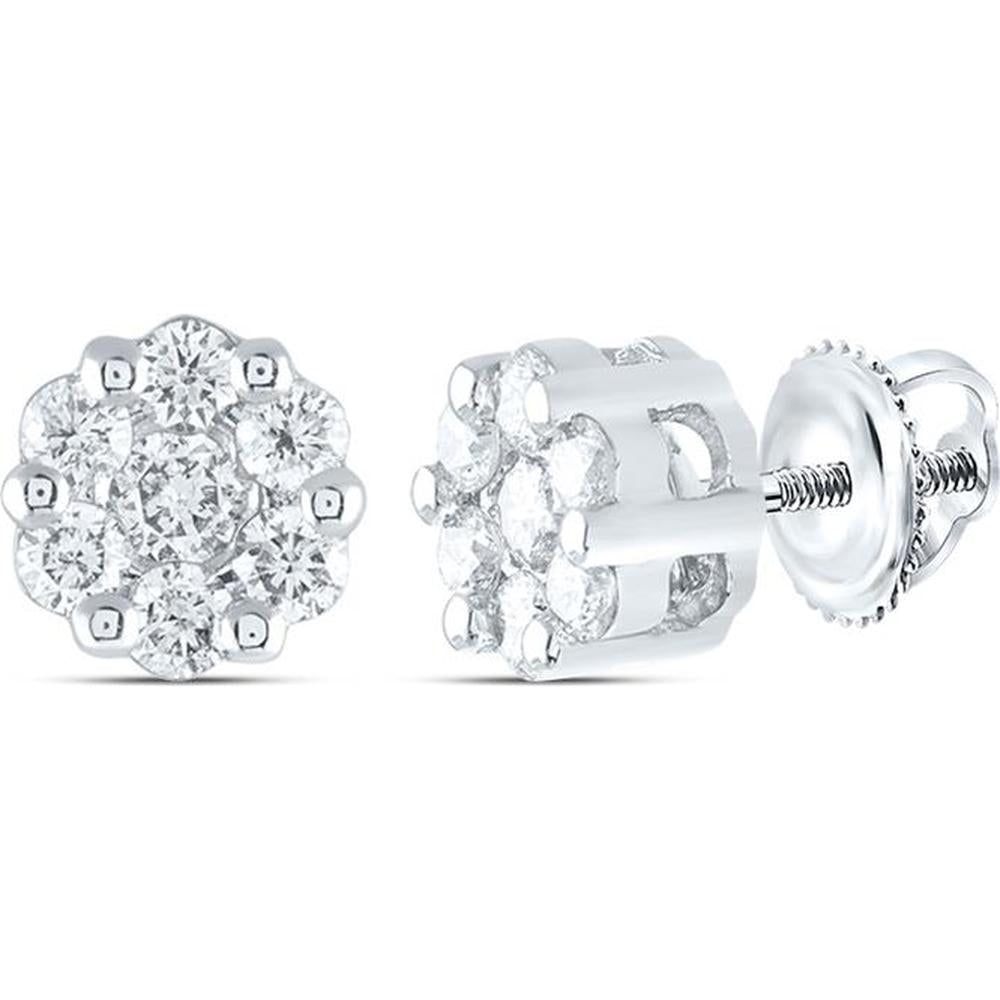 GND 14K White Gold Flower Cluster Stud Earrings with Prong-Set Round Diamonds