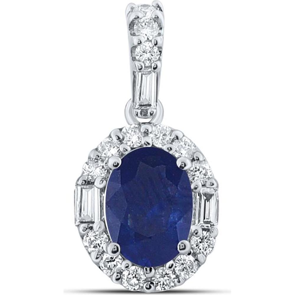 14k White Gold Pendant with Oval Blue Sapphire and Diamond Halo