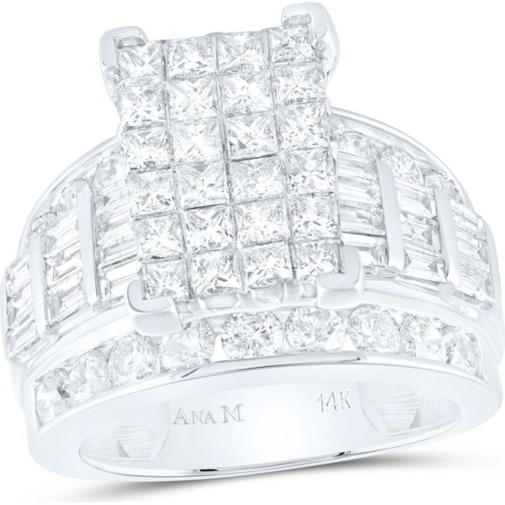 GND 14K White Gold Princess Diamond Cluster Bridal Engagement Ring with 4 Carats Total Diamond Weight