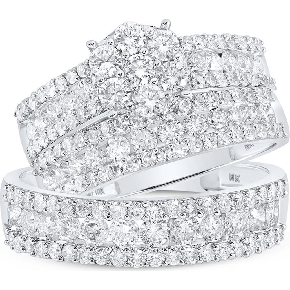 GND 14K White Gold Round Diamond Cluster Wedding Ring Set with Prong Set Diamonds
