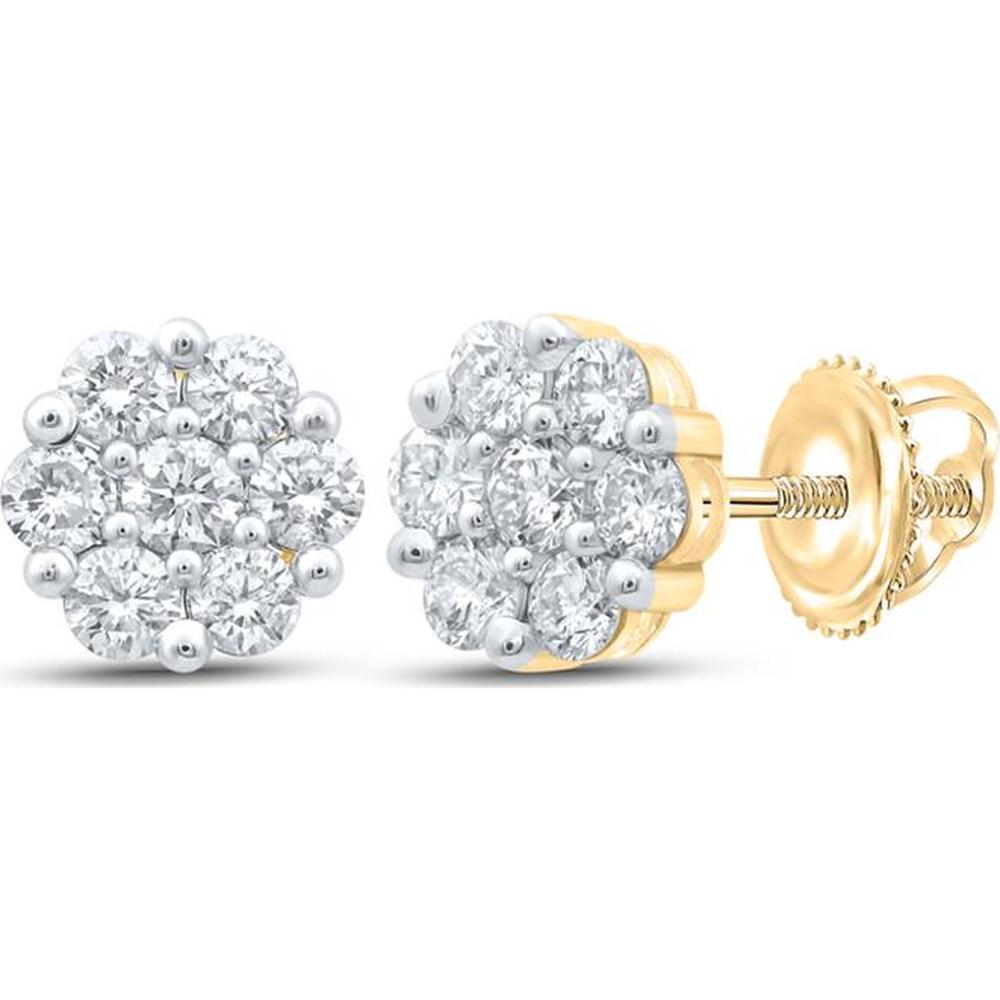 14K Yellow Gold Round Diamond Flower Cluster Earrings