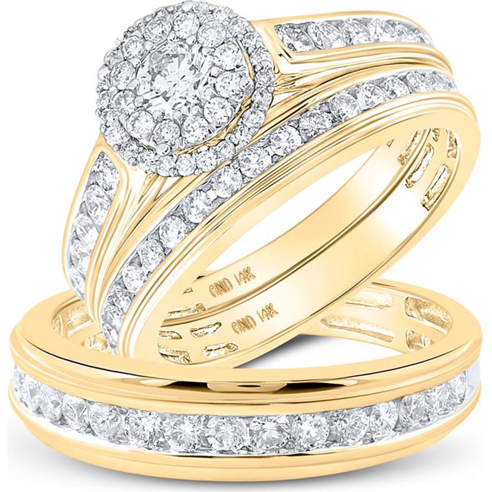 GND 14K Yellow Gold Round Diamond Halo Matching Wedding Ring Set - Certified Diamonds
