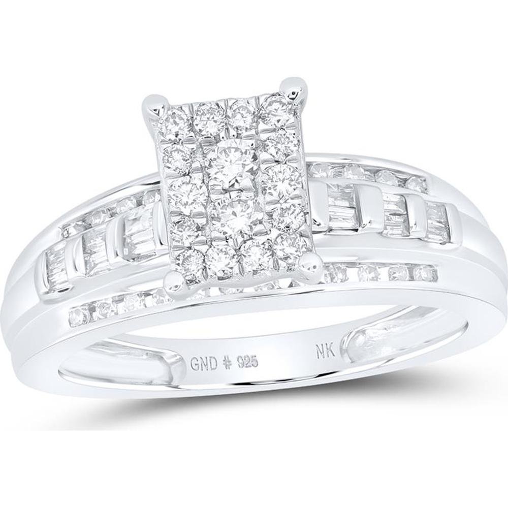 GND Sterling Silver Bridal Engagement Ring with Prong-Set Round and Channel-Set Baguette Diamonds