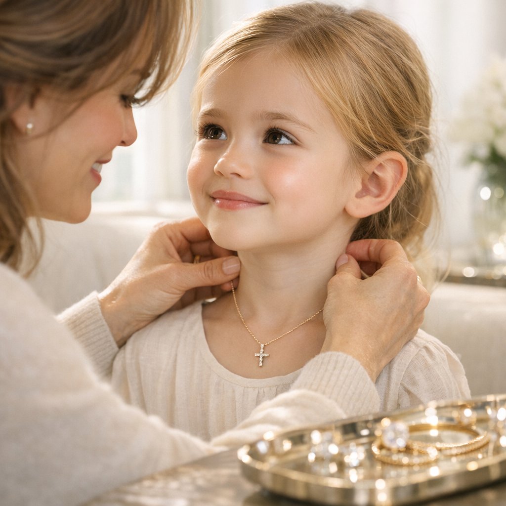 A selection of elegant gold and diamond jewelry pieces, including a heart necklace and a gemstone ring, arranged on a soft fabric, representing meaningful gifts for godparents.