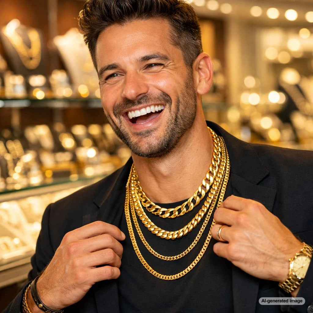 A curated flat lay of men's gold chains showcasing Figaro, Cuban Link, Rope, and Box chain styles on a dark textured surface.