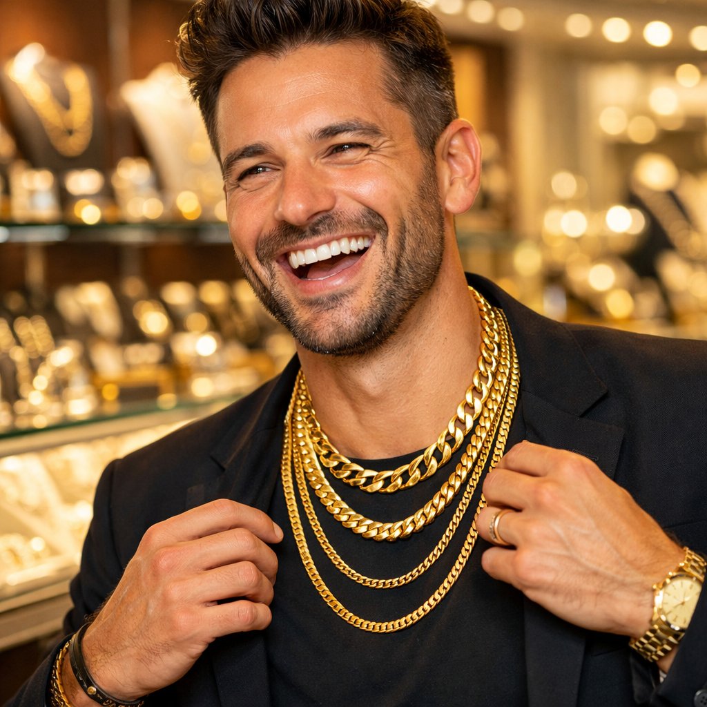 A curated flat lay of men's gold chains showcasing Figaro, Cuban Link, Rope, and Box chain styles on a dark textured surface.