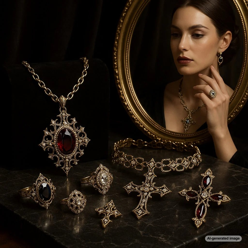 A curated collection of elegant gothic jewelry featuring black diamonds, onyx, and serpent motifs from Robinson's Jewelers