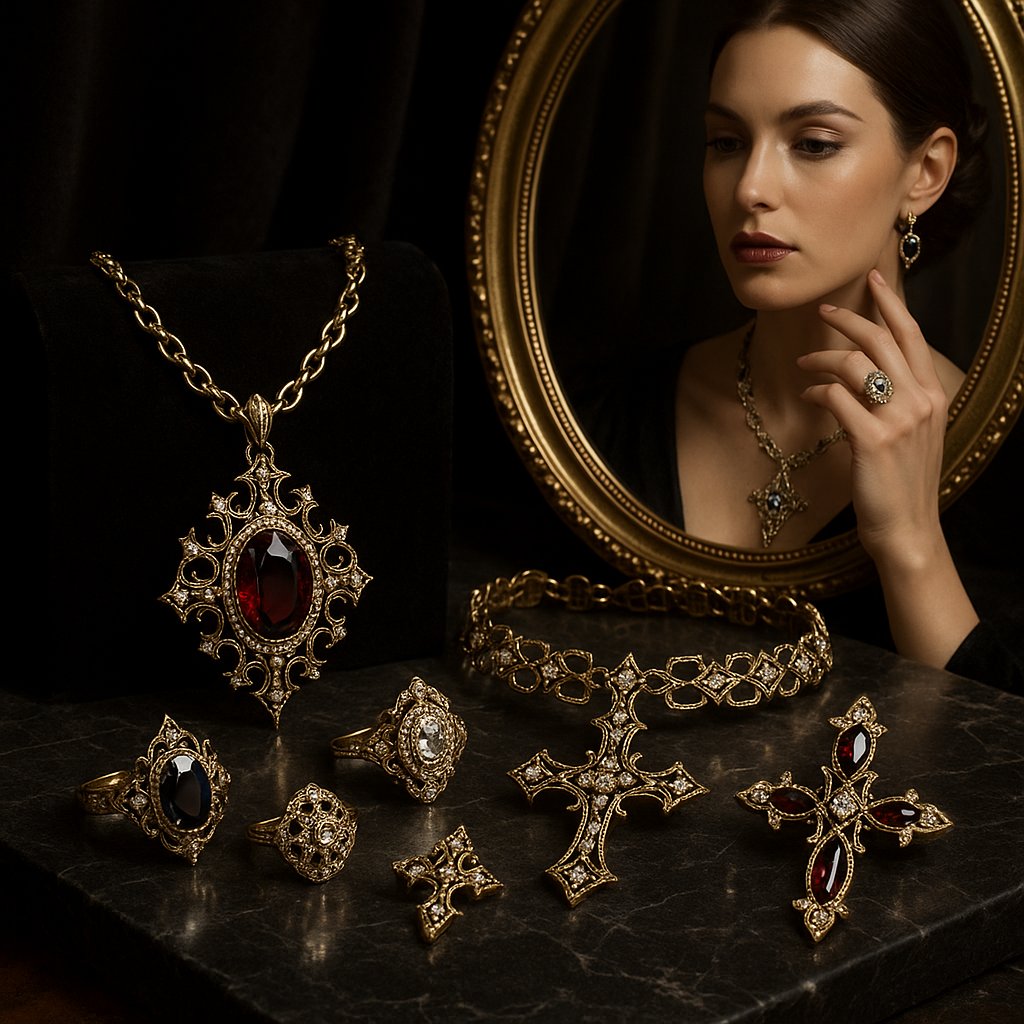 A curated collection of elegant gothic jewelry featuring black diamonds, onyx, and serpent motifs from Robinson's Jewelers