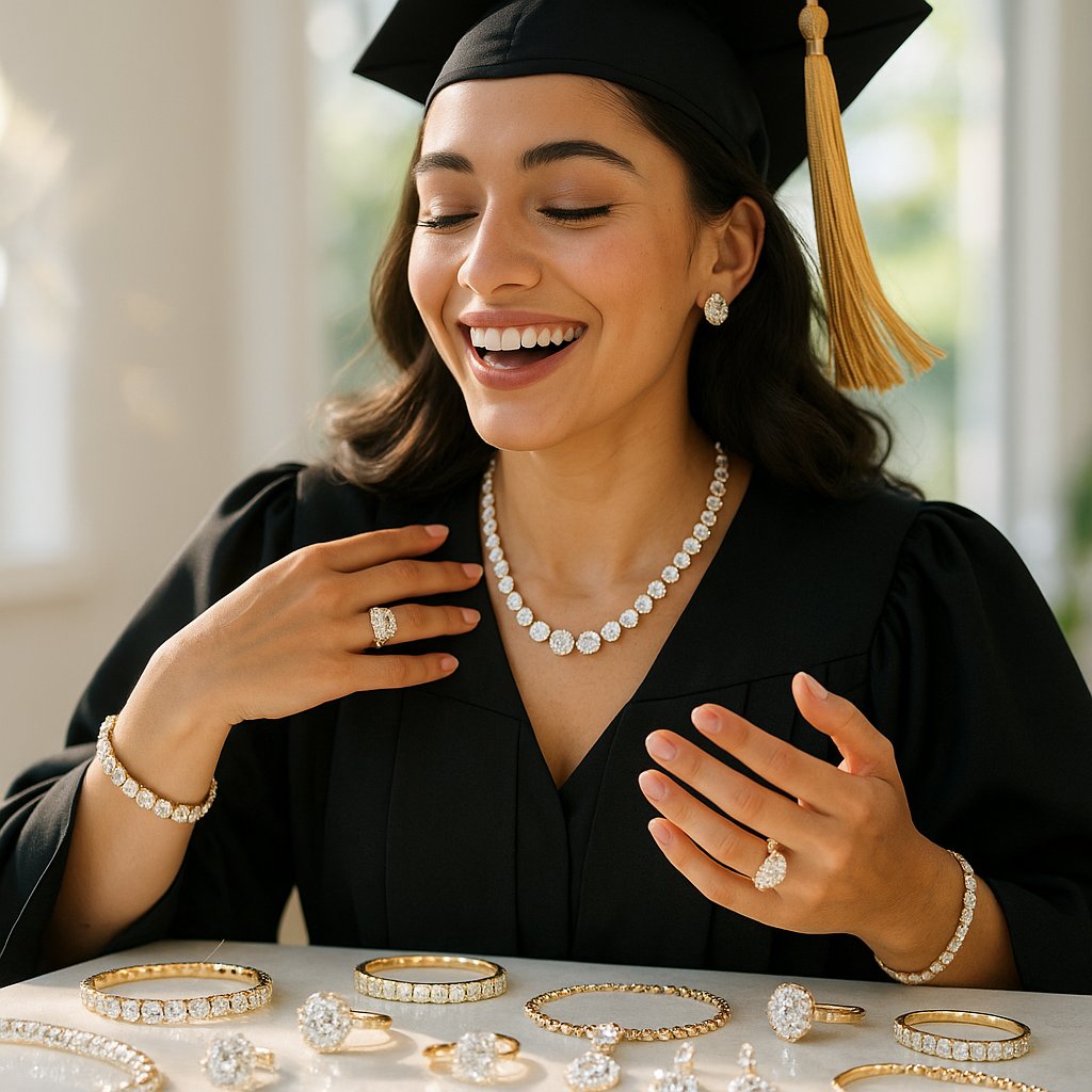 Elegant graduation jewelry collection featuring diamond pendants, personalized bracelets, and luxury watches displayed on velvet