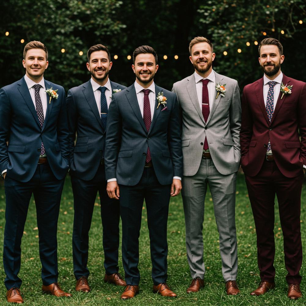 Groomsmen wearing stylish jewelry, including cufflinks and watches, at a wedding