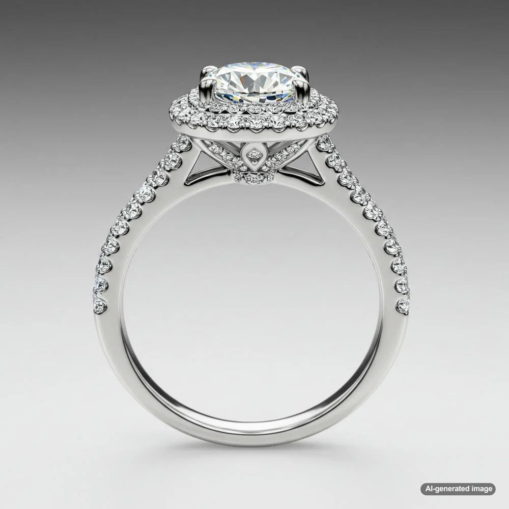 Halo setting engagement ring with a sparkling diamond center and surrounding smaller stones