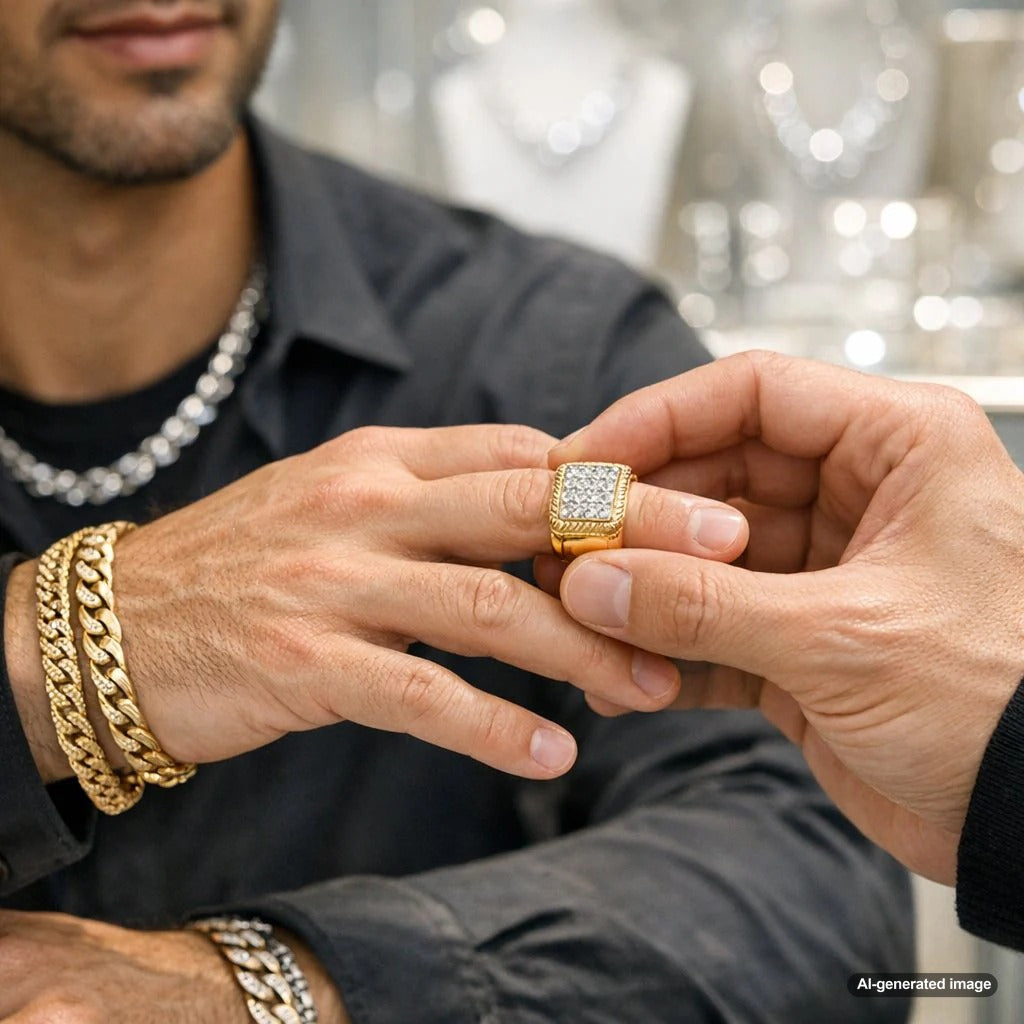 A collection of bold and intricate hand-fabricated chains for men displayed at Robinson's Jewelers.
