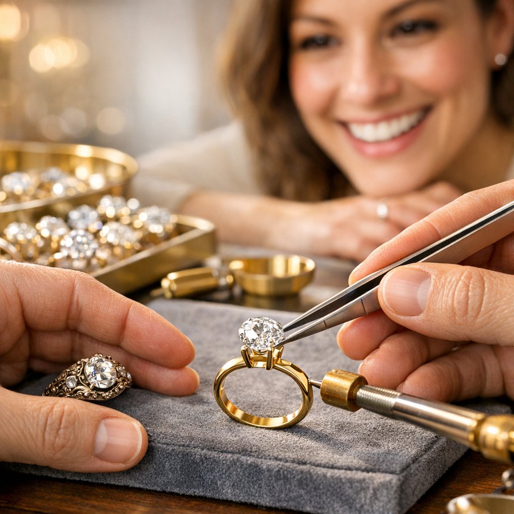 A stunning modern ring setting featuring a brilliant heirloom diamond, showcasing the art of diamond resetting and jewelry redesign at Robinson's Jewelers.