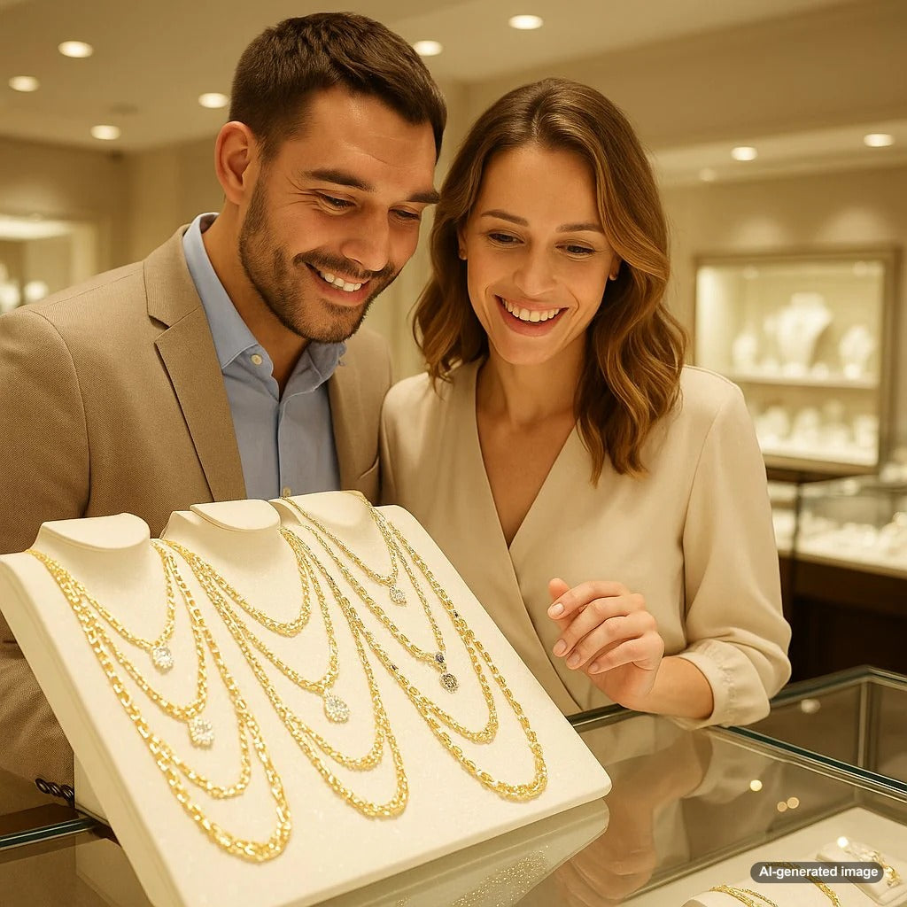 Close up of a beautifully crafted gold chain showcasing its intricate links and lustrous finish, representing heirloom quality jewelry.