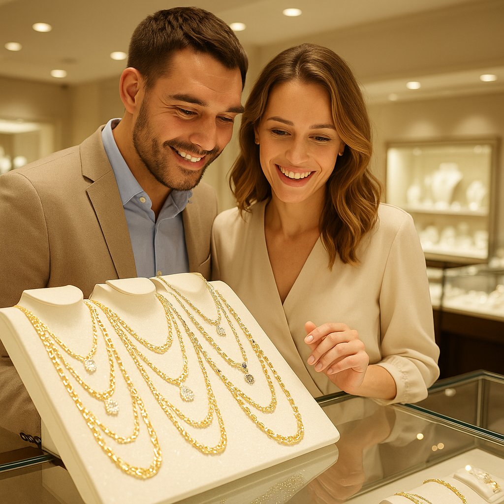 Close up of a beautifully crafted gold chain showcasing its intricate links and lustrous finish, representing heirloom quality jewelry.