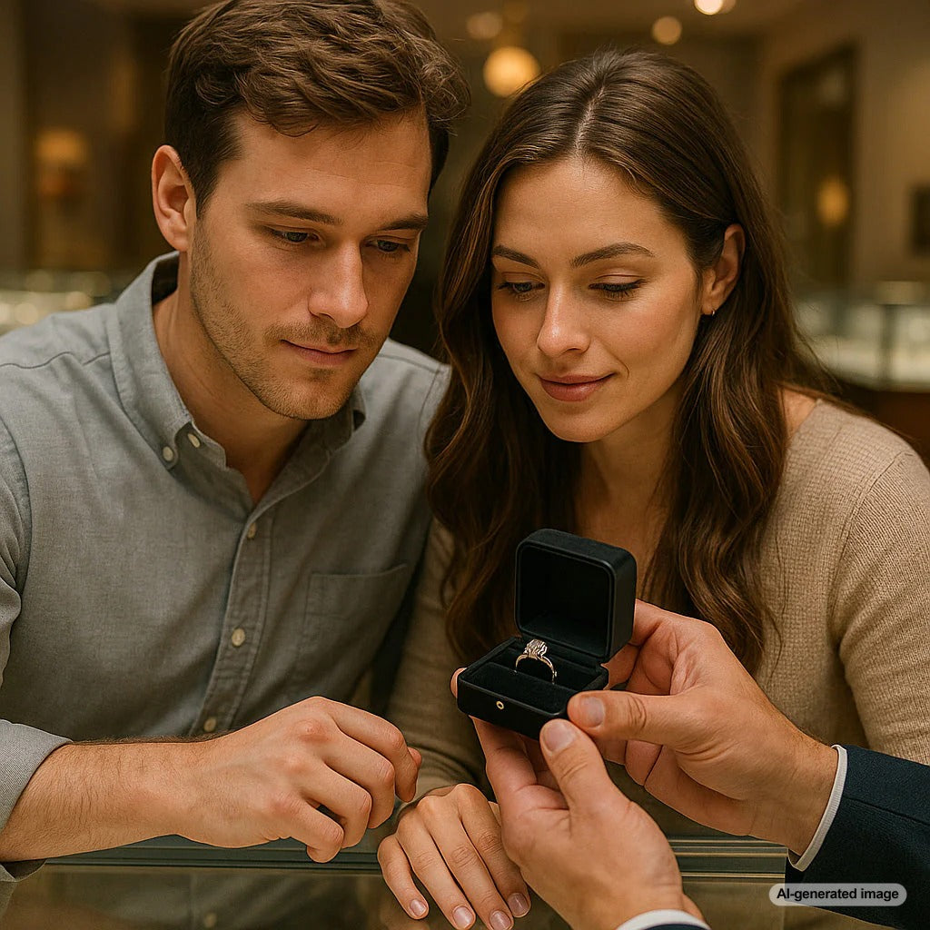 Close-up of a dazzling engagement ring with hidden cost tips overlay
