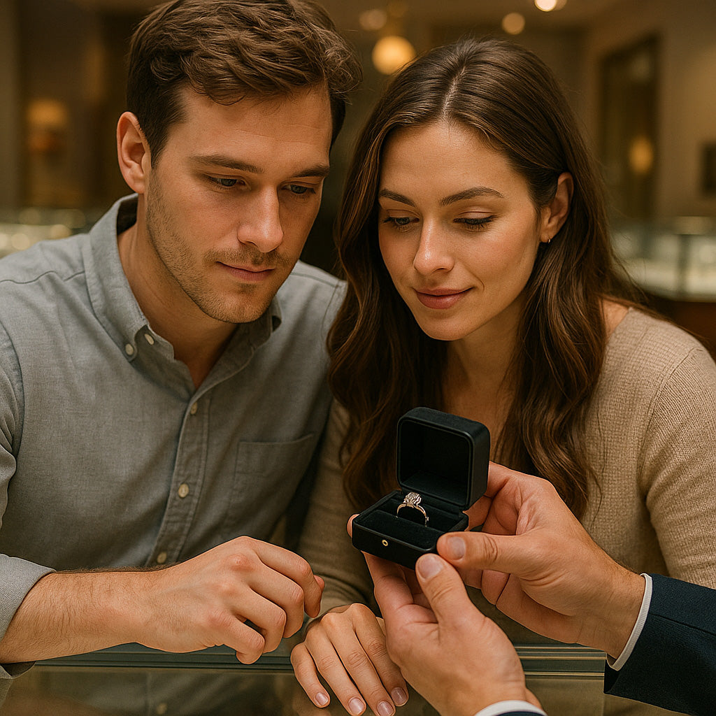 Close-up of a dazzling engagement ring with hidden cost tips overlay