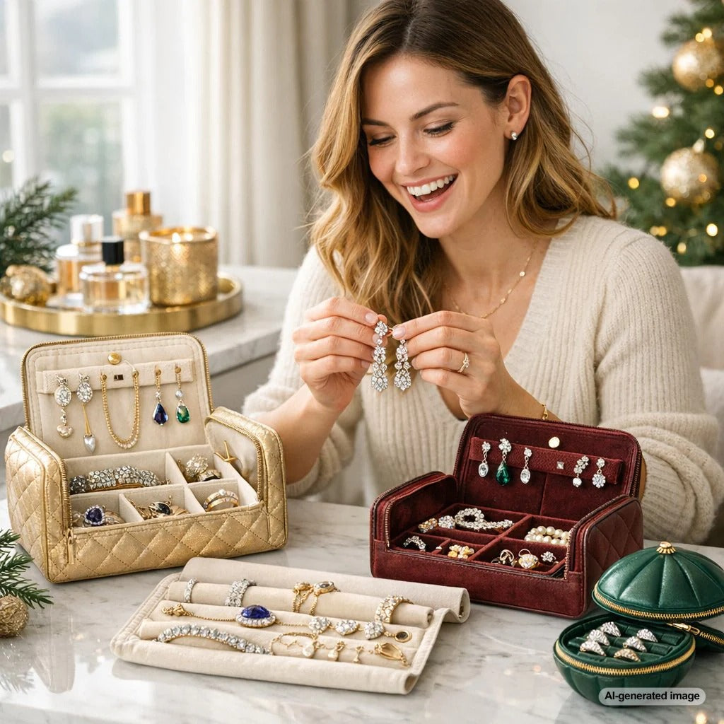 Elegant jewelry travel roll made from a holiday ornament box, showing compartments for rings, necklaces, and earrings on a soft suede lining