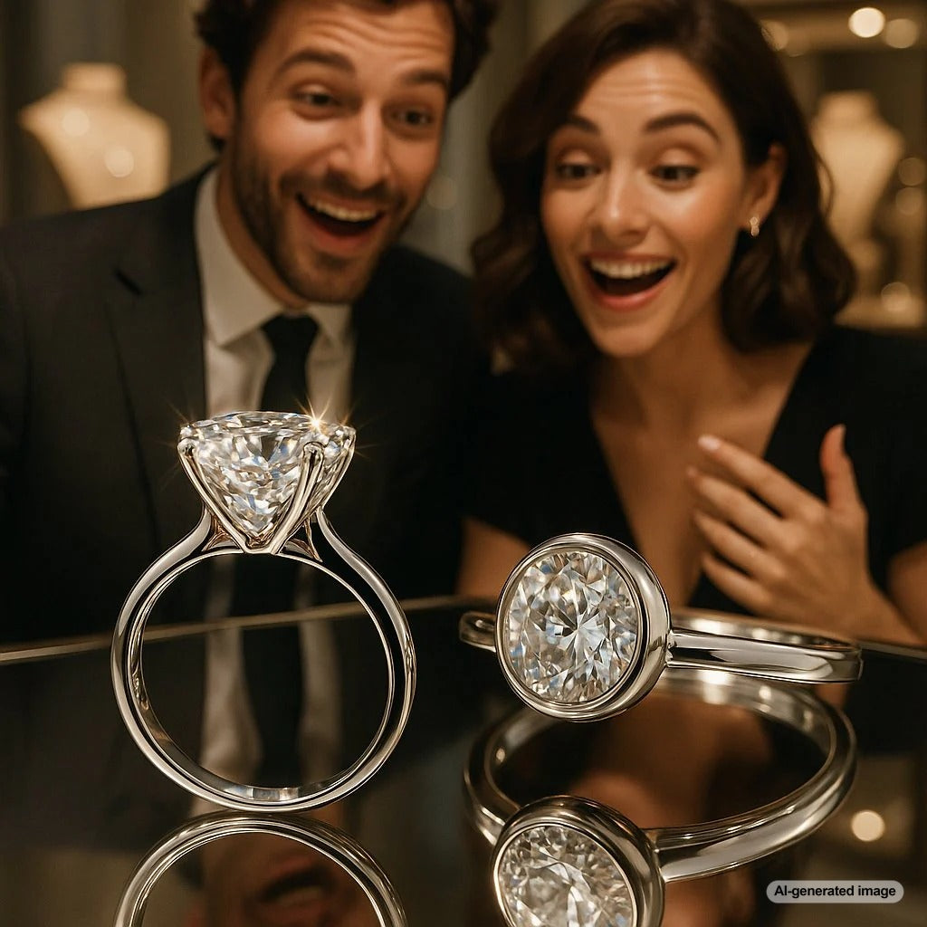 Close-up comparison photo of a diamond basket setting and a low-profile bezel setting on engagement rings.